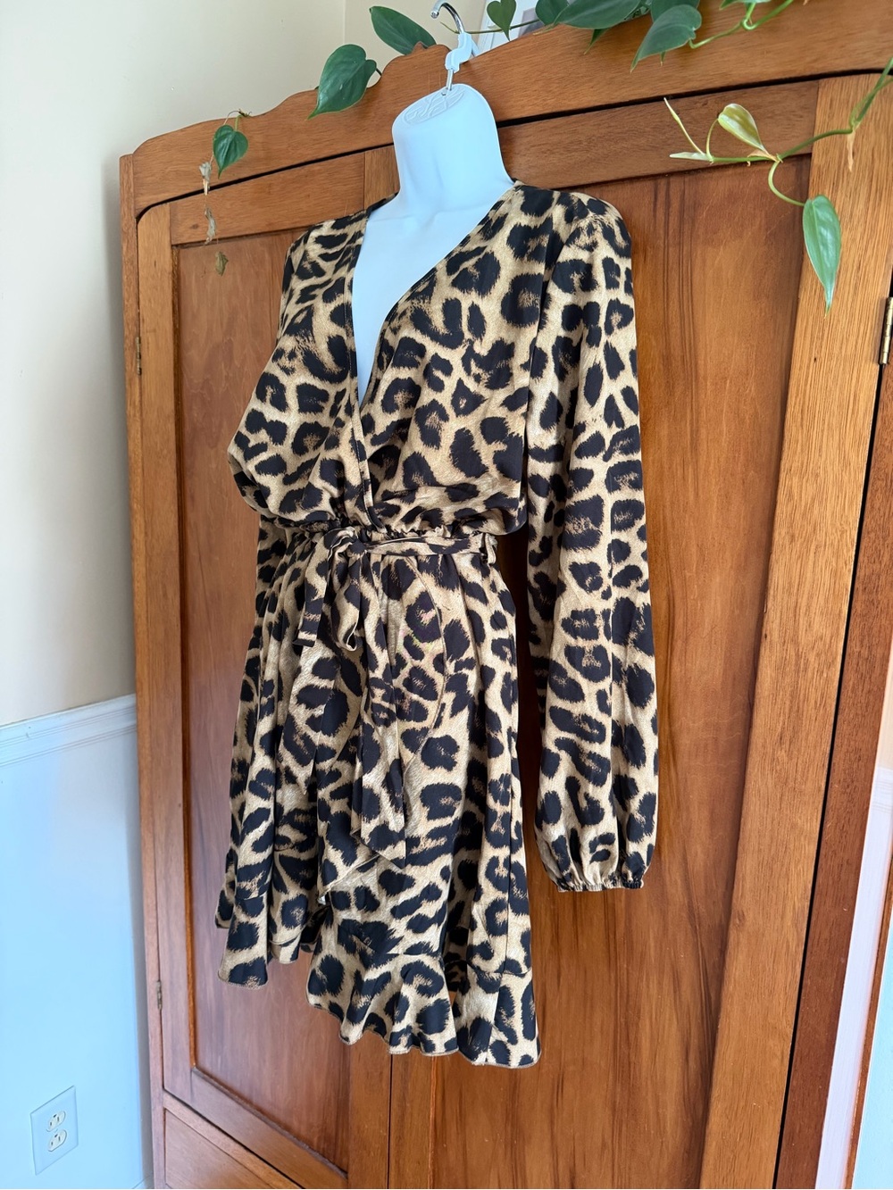 SHEIN Leopard Print Wrap Mini Dress in Tan and Black